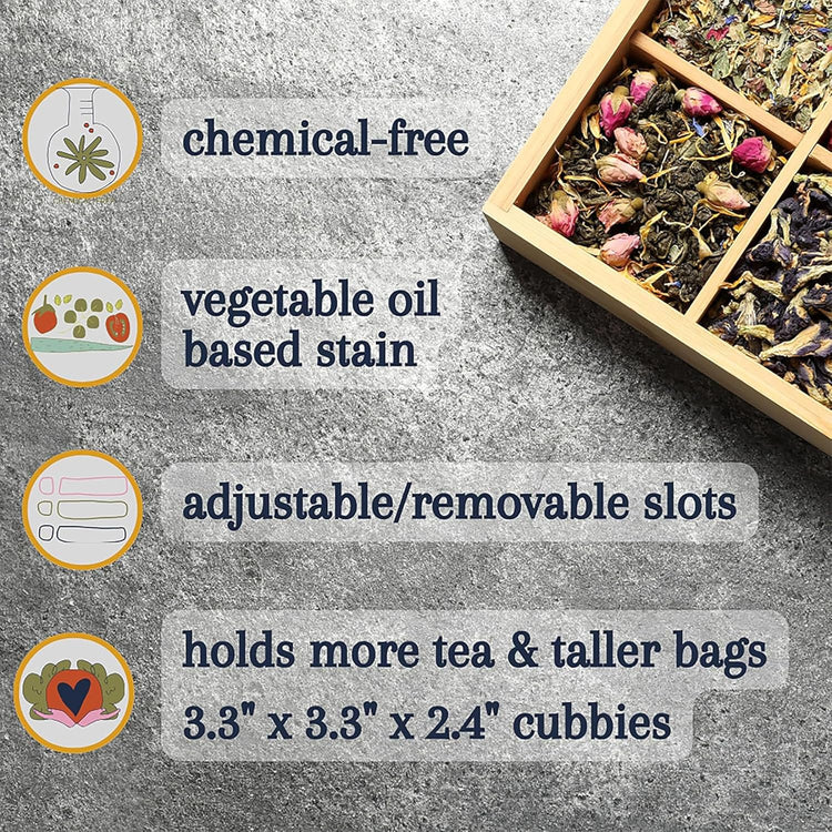 Tea Organizer Box Food Safe Chemical Free Bamboo Wood Storage Chest Big, Tall, Adjustable Cubbies (8-Slot 14.3" x 8.1" x 4.2" with TEA print design)