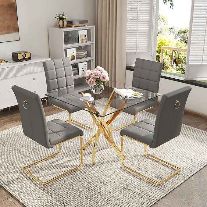 AF ARTISAN FURNITURE 5 Piece Square Glass Dining Table Set, Gold Glass Kitchen Table Set for 4 Modern Table Set with 4 Grey PU Upholstered Dining Chairs, for Small Space, Breakfast Nook