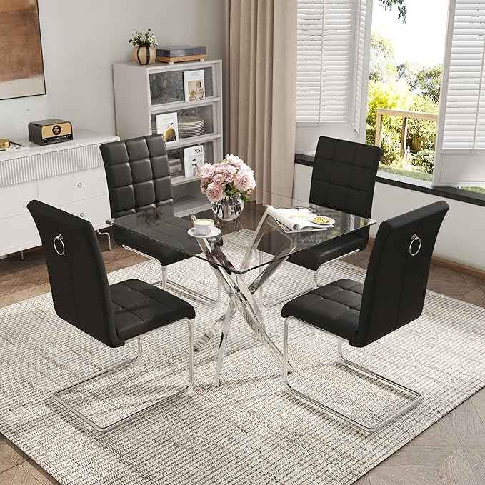 AF ARTISAN FURNITURE 5 Piece Square Glass Dining Table Set, Silver Glass Kitchen Table Set for 4 Modern Table Set with 4 Black PU Upholstered Dining Chairs, for Small Space, Breakfast Nook