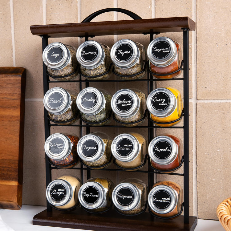 16 Jar Acacia Wood Vertical Spice Rack with Spices Included & 5