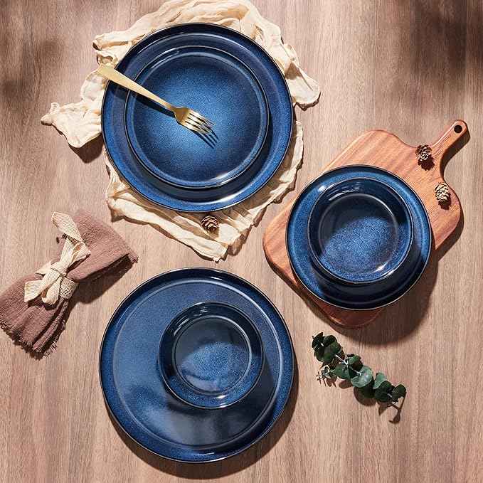 E-far Dinnerware Sets for 8, 24-Piece Stoneware Plates and Bowls Set, Ceramic Dishes Reactive Glaze Dinning Ware, Microwave & Dishwasher Safe - Deep Sea Blue