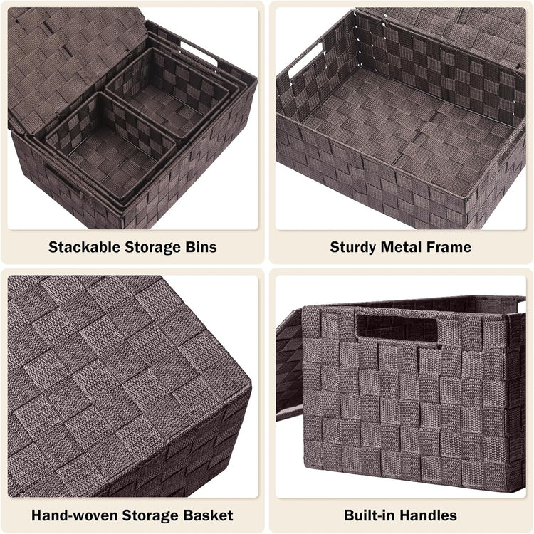 Storage Bins Baskets for Organizing with Lids, Storage Baskets for Shelves Stackable Woven Basket, Gift Small Basket Storage Cubes, Decorative Wicker Basket with Built-in Handles (5 Pack, Brown)