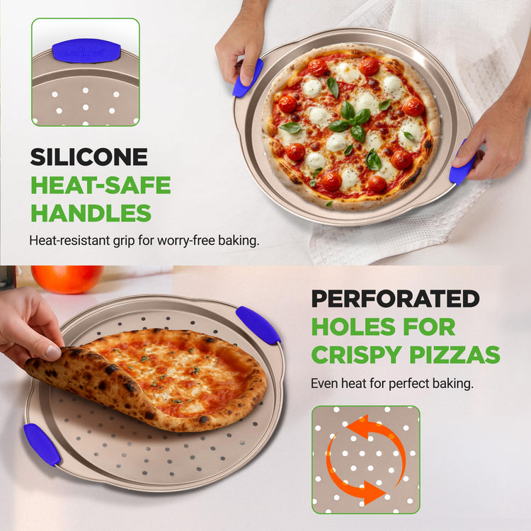 13-Inch Non-Stick Pizza Tray - with Silicone Handle, Round Steel Non-stick Pan with Perforated Holes, Premium Bakeware, Pizza Tray with Extended Handles, Dishwasher Safe - Champagne Gold