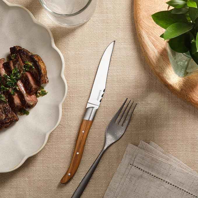 Bloomhouse 4-Piece German Stainless Steel Steak Knife Set – Premium Olive Wood Handle Steak Knives, Full-Tang Blades for Dining