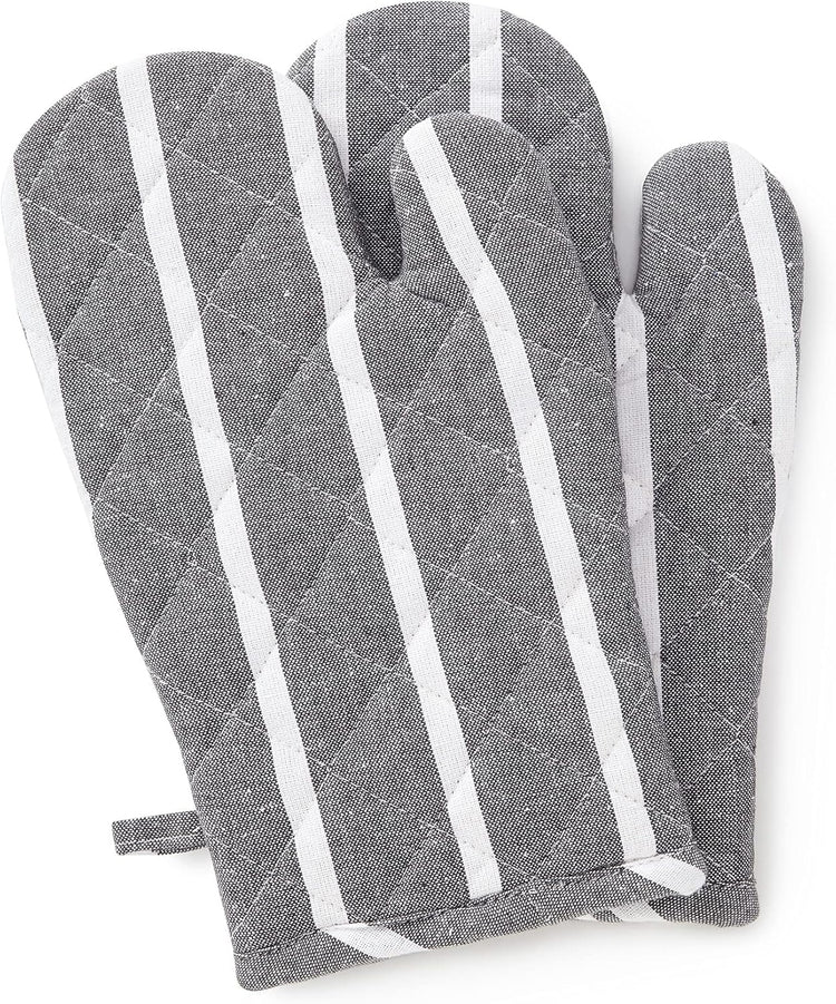 Encasa XO Long 12"x7" Oven Microwave Hand Gloves Mitts (2 pc Set) for Kitchen Cooking & Baking - Heat Resistant, Thick & Safe, Protection of Hands from Hot Utensils - Roma Grey Stripes