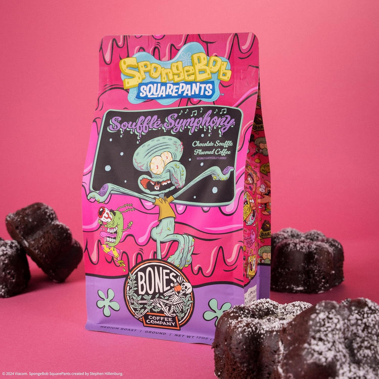 Bones Coffee Company Spongebob Soufflé Symphony, Chocolate Soufflé Flavored Ground Coffee Beans, Low Acid Medium Roast Arabica Beans Flavored Coffee, 12 oz Ground