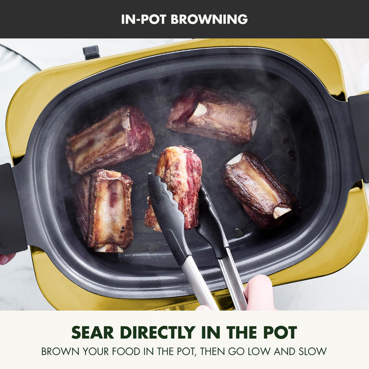 Elite 8-in-1 Programmable 6QT Electric Slow Cooker, Dishwasher Safe Lid & Removable Crock, PFAS-Free Healthy Ceramic Nonstick Multi-Cooker, Sear, Sauté, Brown, Steam Basket, Roast, Gold