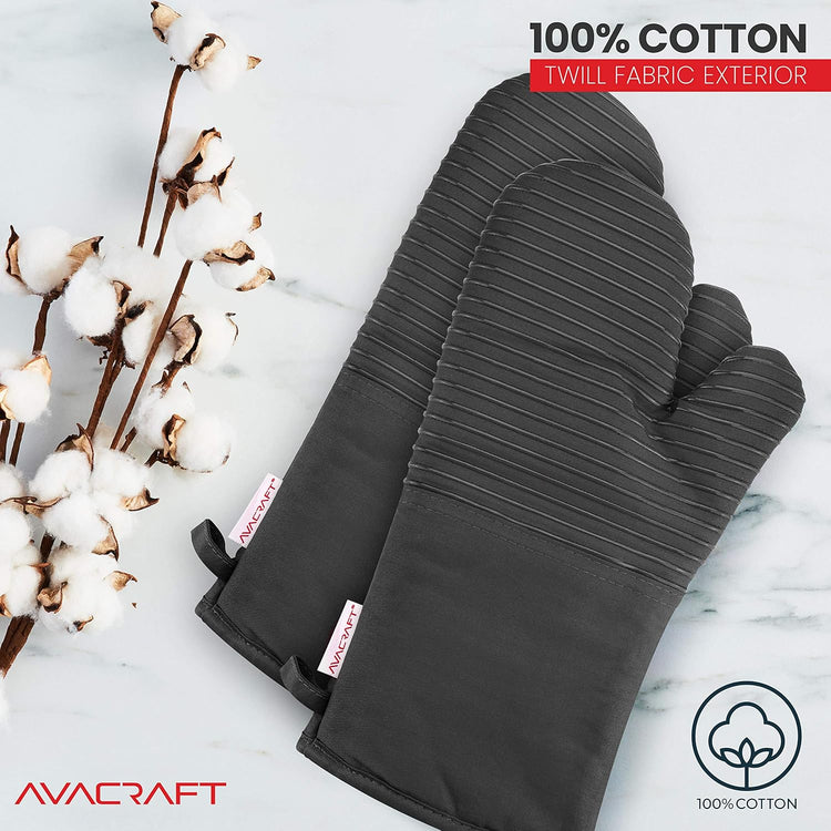 AVACRAFT Oven Mitts Pair, Flexible, 100% Cotton with Unique Heat Resistant Food Grade Silicone, Thick Terry Cloth Interior, 500 F Heat Resistant (Grey Oven Mitts)