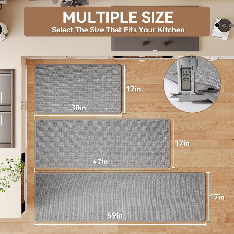 Kitchen Runner Rugs Non Slip Washable, Super Absorbent Cushioned Kitchen Mats for Floor, Linen-Look Woven Sink Mat Standing Floor Mat, Easy Clean, Gray 17"x59"