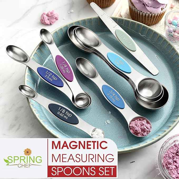Spring Chef Stainless Steel Magnetic Measuring Spoons Set of 8 with Leveler, Dual Sided Metal Teaspoon & Tablespoon Measuring Spoons, Nesting Kitchen Gadgets for Baking & Cooking - Winter Frost