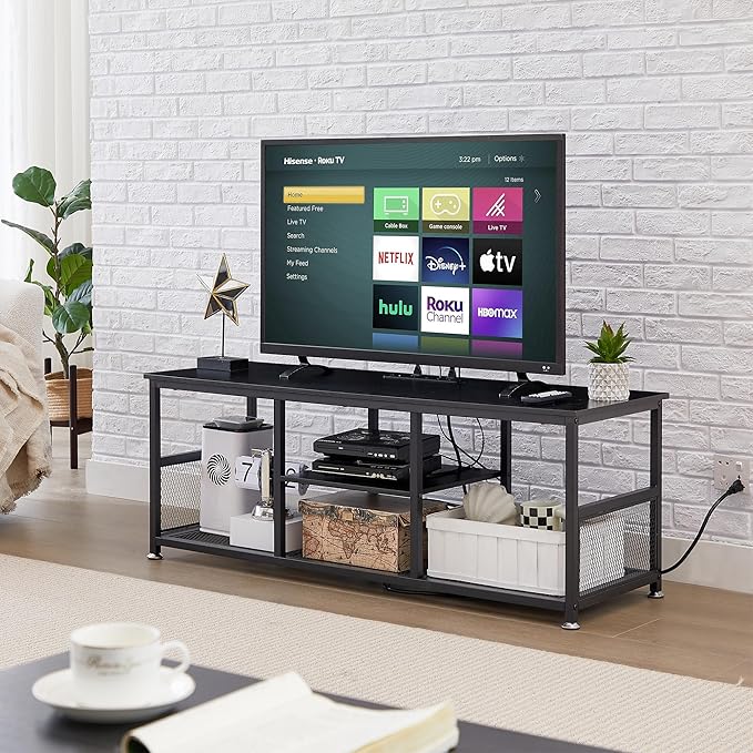 VECELO TV Stand with Power Outlets for Televisions up to 55 Inch, 47" Media Entertainment Center with Charging Station 3-Tier Open Storage Shelves with Metal Frame for Living Room/Bedroom,Black