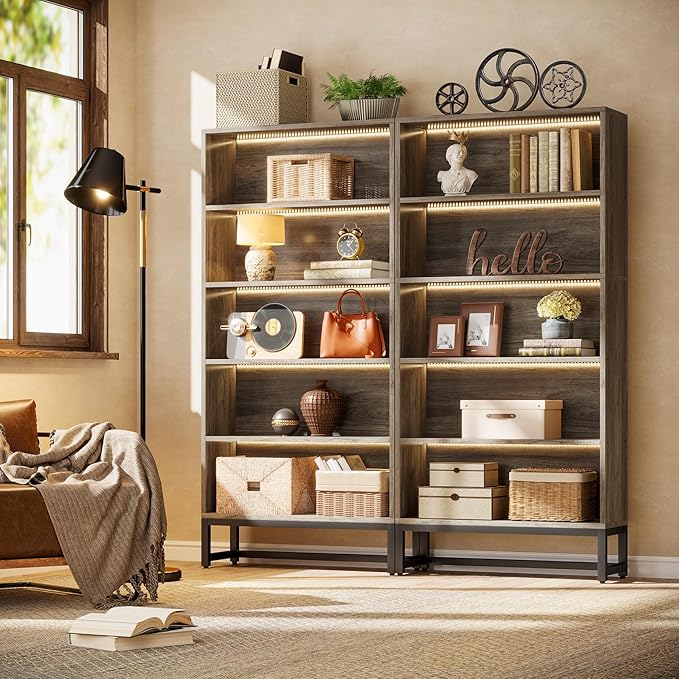 Tribesigns Tall Bookcase Bookshelf, 70.8" Large Bookcases Organizer with LED Lights, Heavy Duty Free-Standing Library Bookshelf with 5-Tier Storage Shelves for Living Room, Bedroom (Gray)
