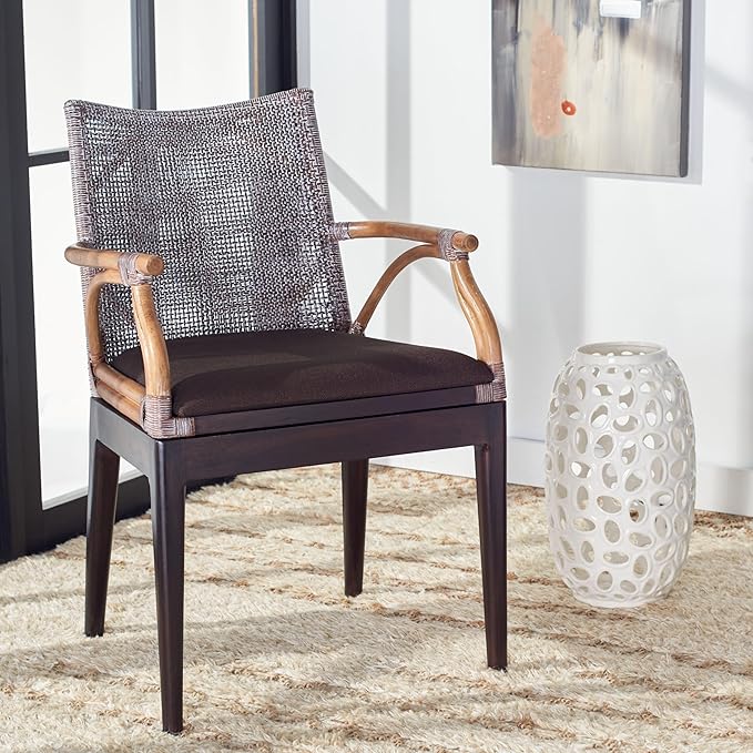 SAFAVIEH Home Collection - Gianni Brown & Dark Brown Solid Wood Rattan Arm Chair, Tropical Coastal Accent Seating for Living Room or Dining Space (SEA4011C)