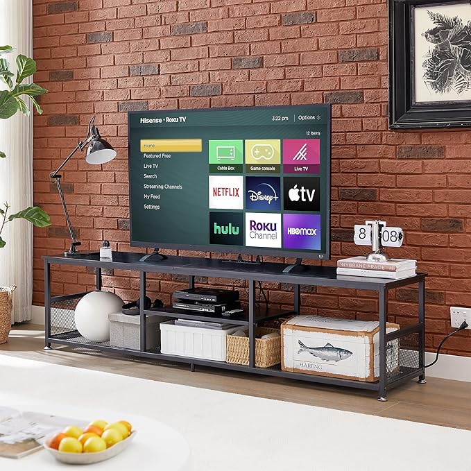 VECELO TV Stand with Power Outlets for Televisions up to 80Inch, 70" Media Entertainment Center with Charging Station 3-Tier Open Storage Shelves with Metal Frame for Living Room/Bedroom,Black