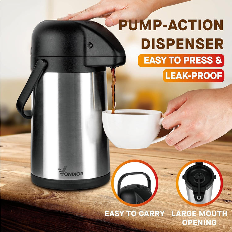 64 Oz Airpot Coffee Dispenser with Pump, Insulated Thermal Coffee Carafe - Stainless Steel Hot Beverage Dispenser - Coffee Urn for Hot/Cold Water, Drink Dispenser for Parties