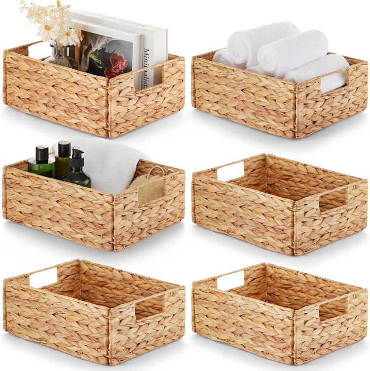 BLUEWEST Water Hyacinth Storage Baskets (Set of 6) β Woven Hyacinth Organizer with Carrying Handles, Laundry Basket for Organizing, Rattan Bin for Shelves