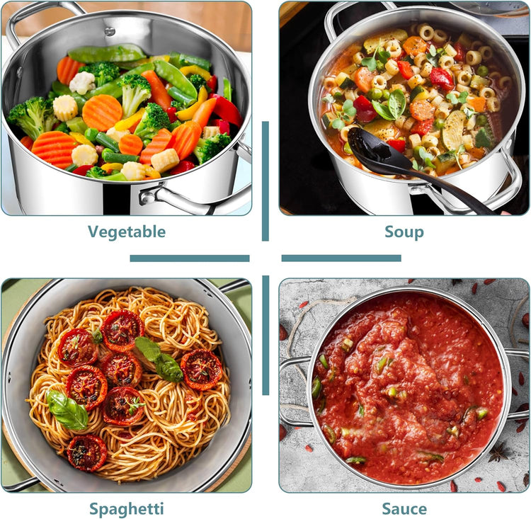 E-far 4 Quart Stock Pot with Lid, Stainless Steel Stockpot for Cooking Simmering Soup Pasta Sauce, with Tri-Ply Bottom & Visible Cover, Induction/Gas/Dishwasher Safe, Heavy Duty & Non Toxic