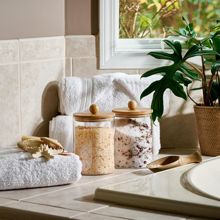 Set of 2 Glass Canisters for Kitchen Counter with Airtight Bamboo Lids + Marker & Labels (2 Count)