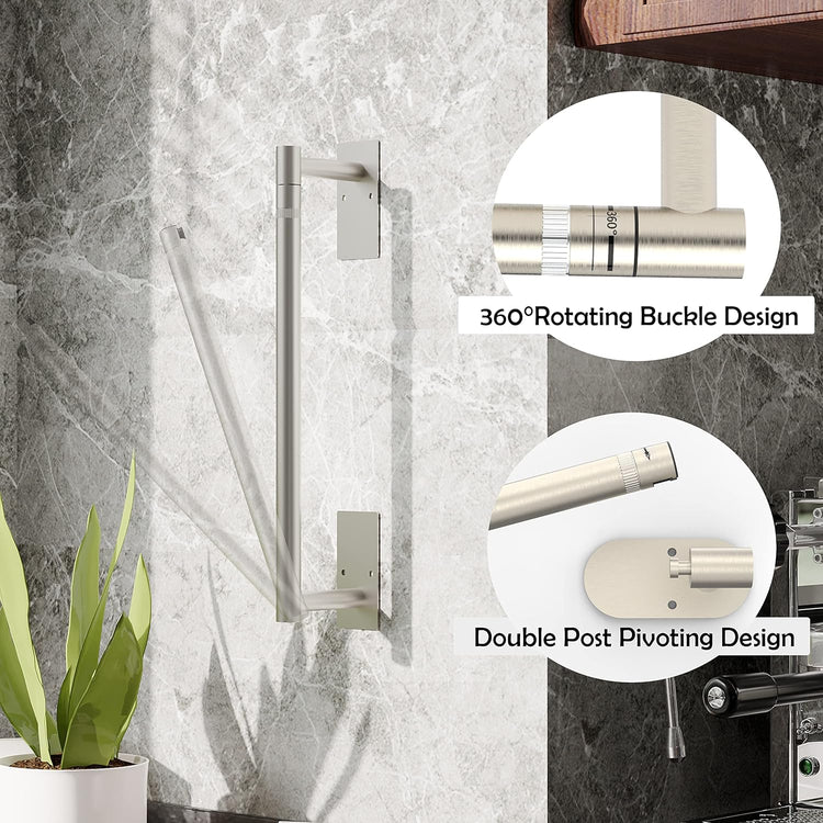 Ruacq Brushed Nickel Paper Towel Holder Self Adhesive Double Post Pivoting Round Base Under Cabinet Paper Towel Holder for Kitchen Self-Adhesive or Drill mounting