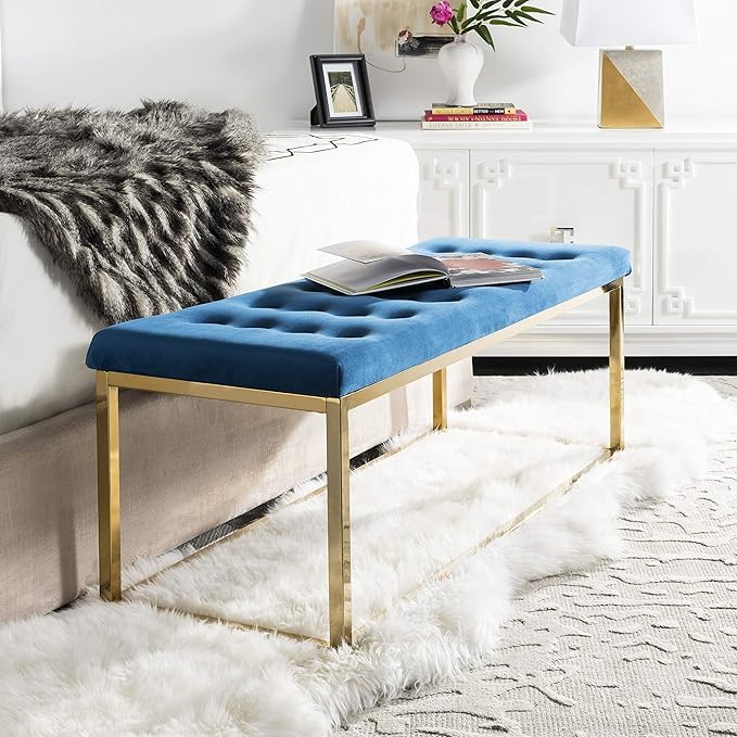 SAFAVIEH Home Collection – Reynolds Navy Tufted Upholstered Accent Bench, Modern Parsons-Style Open Frame Bench with Brass Legs for Bedroom, Entryway or Living Room (FOX6225G)