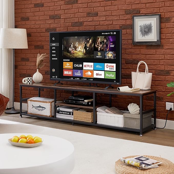 VECELO TV Stand with Power Outlets for Televisions up to 75Inch, 62" Media Entertainment Center with Charging Station 3-Tier Open Storage Shelves with Metal Frame for Living Room/Bedroom,Brown