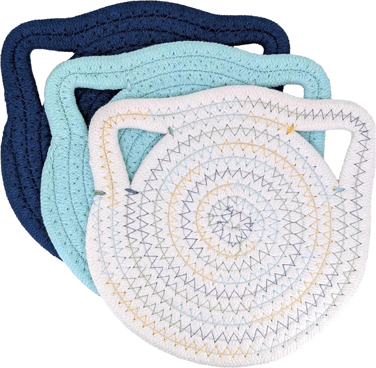 7” Cat Trivet 3 Piece Set - Sturdy Thick Cotton Hot Pad Placemat - for Kitchen and Dining - Cute Kawaii Kitten Design - Kitchen Accessory Gift (Blue & White)