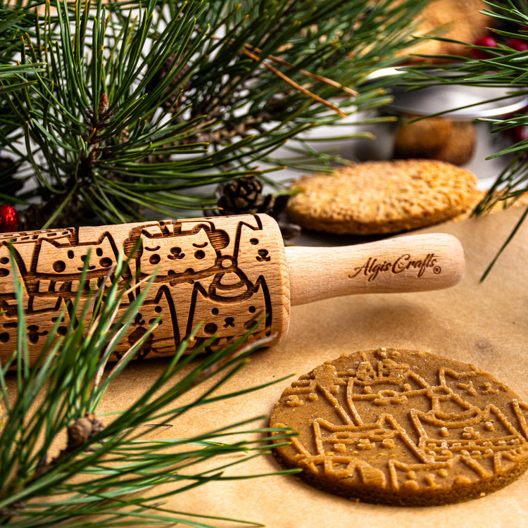 CHRISTMAS FEST 3 Mini Embossed Rolling Pin Set. Wooden Laser Engraved Textured rolling pins for Cookies