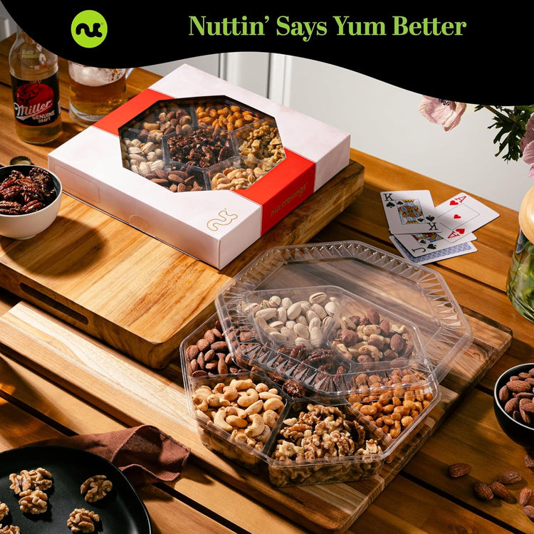 NUT CRAVINGS - Mixed Nuts Gift Basket in Red Gold Box (7 Assortments, 2 LB) Food Arrangement, Healthy Snack Care Package, Food Assortments