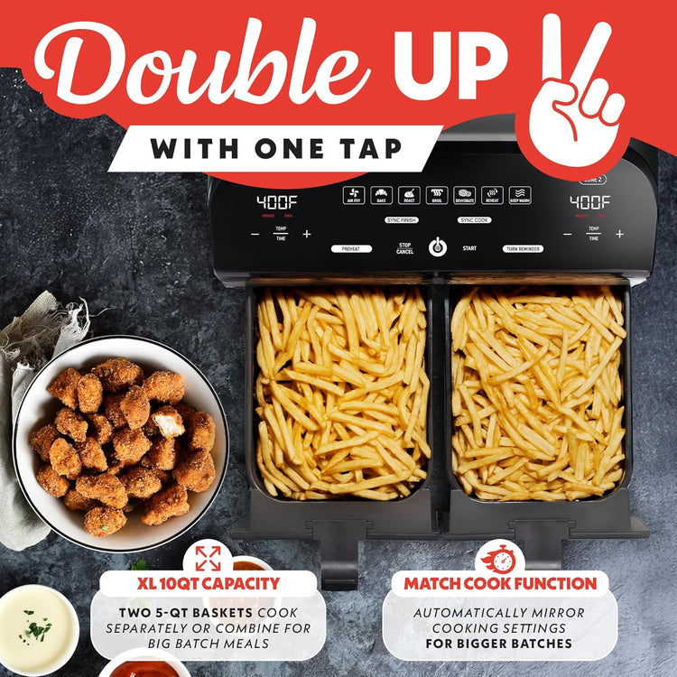 Gourmia Dual Basket Digital Air Fryer – 10 QT, FryForce 360° Technology, 7 Presets, Match Cook & Smart Finish, PTOA-Free Baskets & Crisper Trays, 1600W, Black