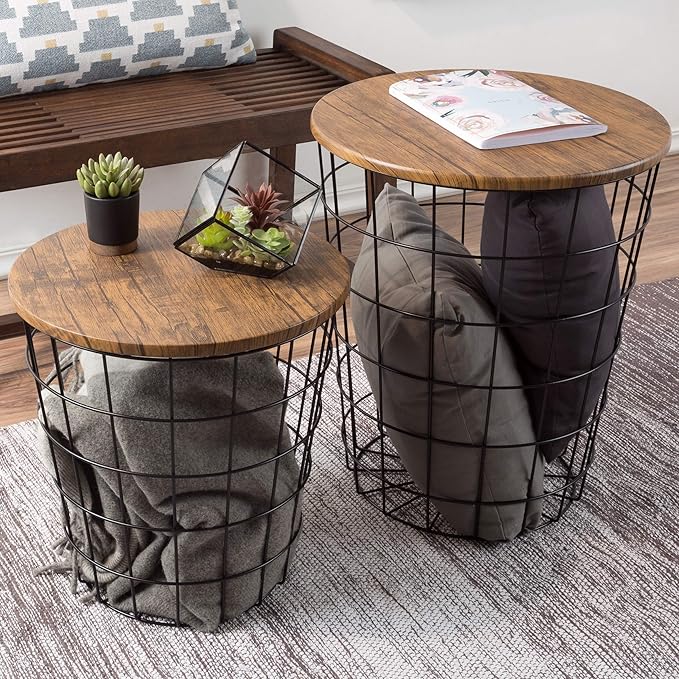 Lavish Home End Tables Set of 2 - Nesting Tables with Removable Wood Tops and Metal Basket Bases for Blanket Storage - Round Side Pieces for Living Room, Bedroom, or Home Office (Brown/Black)