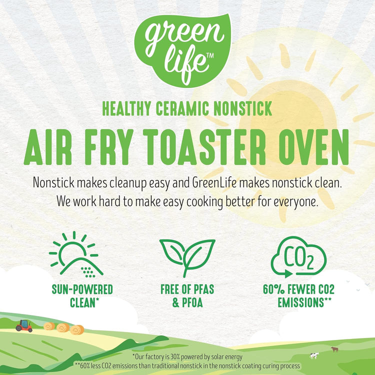 GreenLife Countertop Toaster Oven Air Fryer Stainless Steel, Healthy Ceramic Nonstick, PFAS and PFOA-Free, Tray & Basket, Bake, Broil, Reheat, Adjustable Temp & Time Control, Auto Shutoff, Black