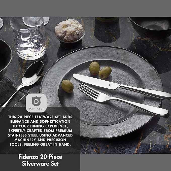 Silverware Set for 4 – 18/10 Stainless Steel Flatware, Mirror Finish, Dishwasher Safe, Heavy-Duty, Rust Resistant, Elegant Cutlery (20-Piece Set, Fidenza)