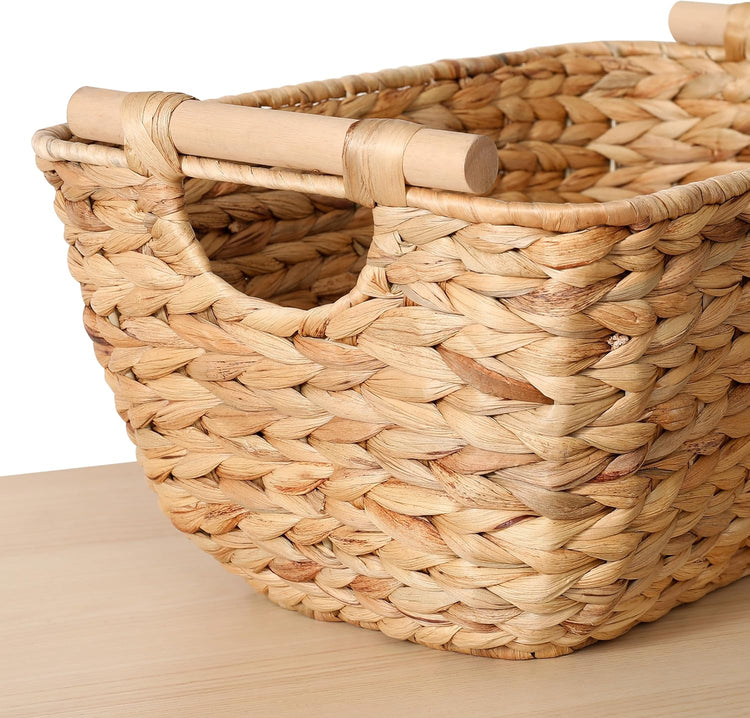 Large Wicker Storage Baskets with Wooden Handles, Woven Water Hyacinth Storage Organizers for Throw Blankets, Bedroom, Living Room, Laundry,2-Pack