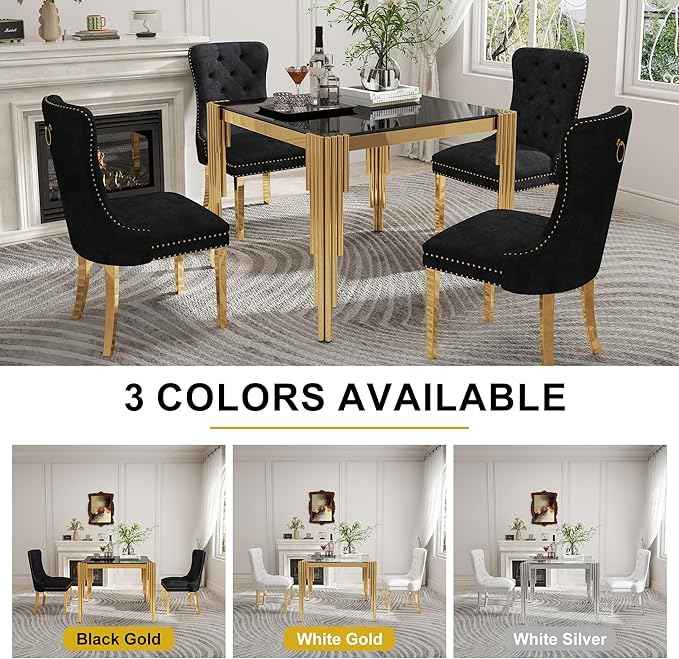 35'' Modern Square Glass Dining Table for 4 People,Black Tempered Glass Top Dining Room Table with Stainless Steel Base, Glass and Gold Dining Table for 4, Rectangle Dining Kitchen Table for Dinner