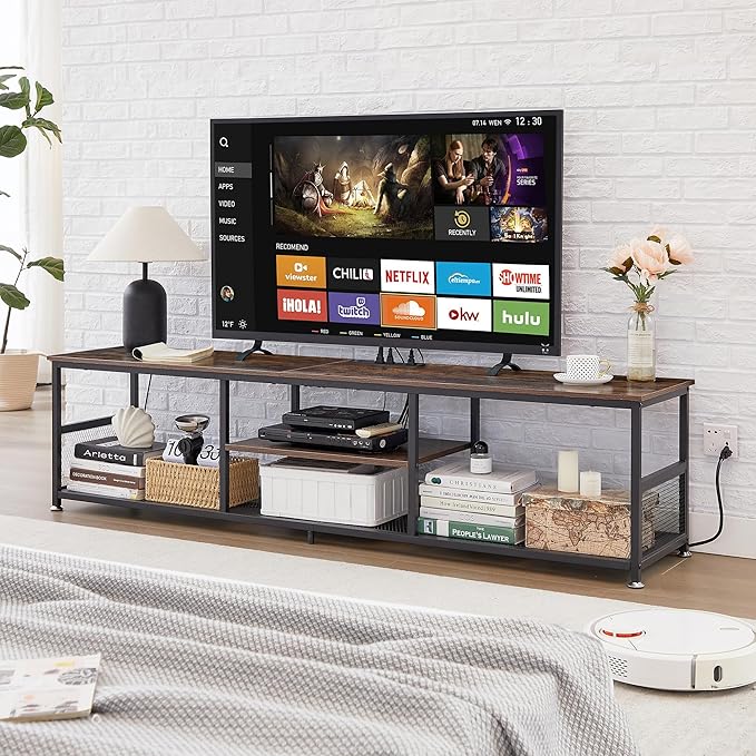 VECELO TV Stand with Power Outlets for Televisions up to 75Inch, 62" Media Entertainment Center with Charging Station 3-Tier Open Storage Shelves with Metal Frame for Living Room/Bedroom,Brown