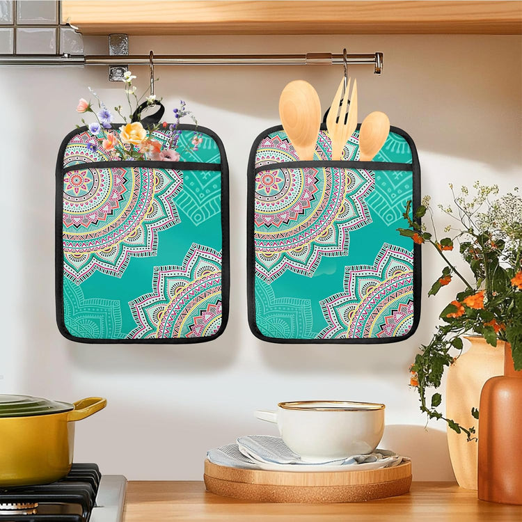 Turquoise Abstract Mandala Floral Pot Holders for Kitchen, Boho Colorful Ethnic Flower Botanical Heat Resistant Hot Pads and Oven Mitts for Baking Cooking,379 potholder