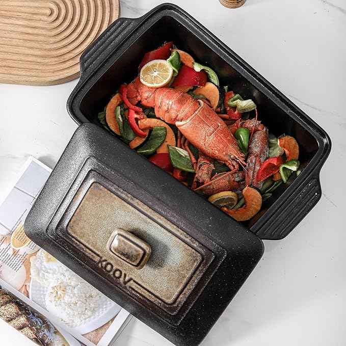 KOOV Ceramic Casserole Dish with Lid, Rectangular Baking Dish Set, Lasagna Pans for Cooking, 9 x 13 Inches, Stripe Series (Rough Black)