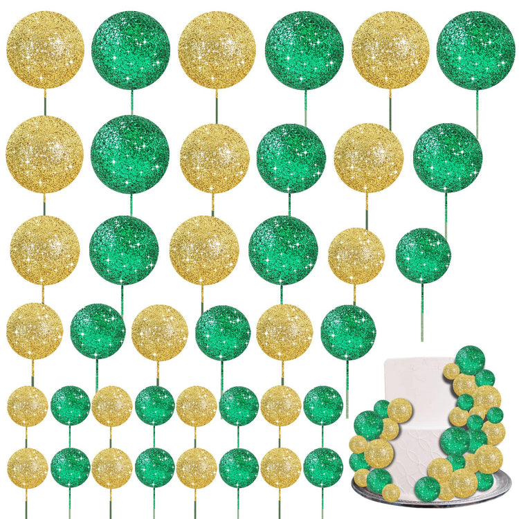 40 Pcs Ball Cake Toppers Mini Balls Cake Decorations Green Gold Foam Balls Sticks DIY Cake Topper for St Patrick's Day Congrats Grade 2026 Graduation Birthday Decorations (40 Count)