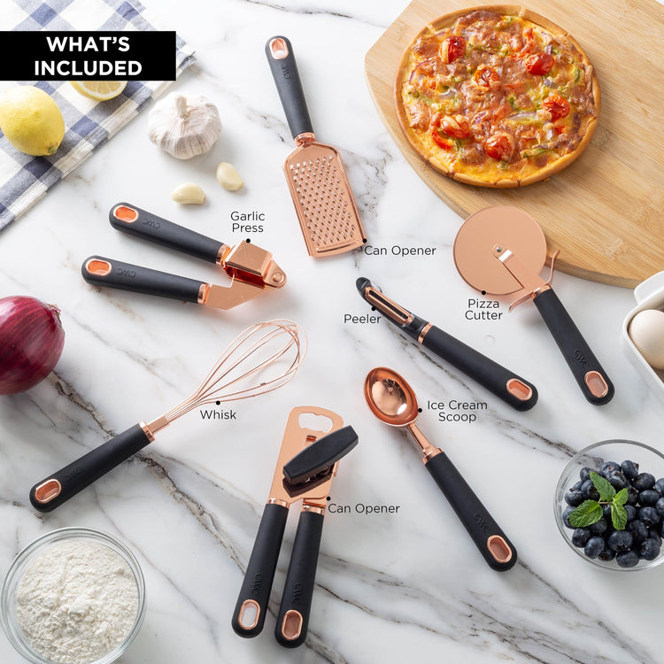 Kitchen Gadget Set Copper Plated Stainless Steel Utensils with Soft Touch Handles (7 Count)