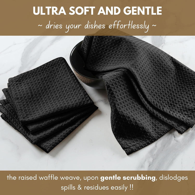 Native Fab Cotton Kitchen Towel with Hanging Loop 16x26 inches, 4-Pack, Waffle Weave Kitchen Towels for Cleaning Drying, Washcloths Soft & Absorbent Cloth Rags, Bar Towel, Dish Cloth, Black - Nestoria