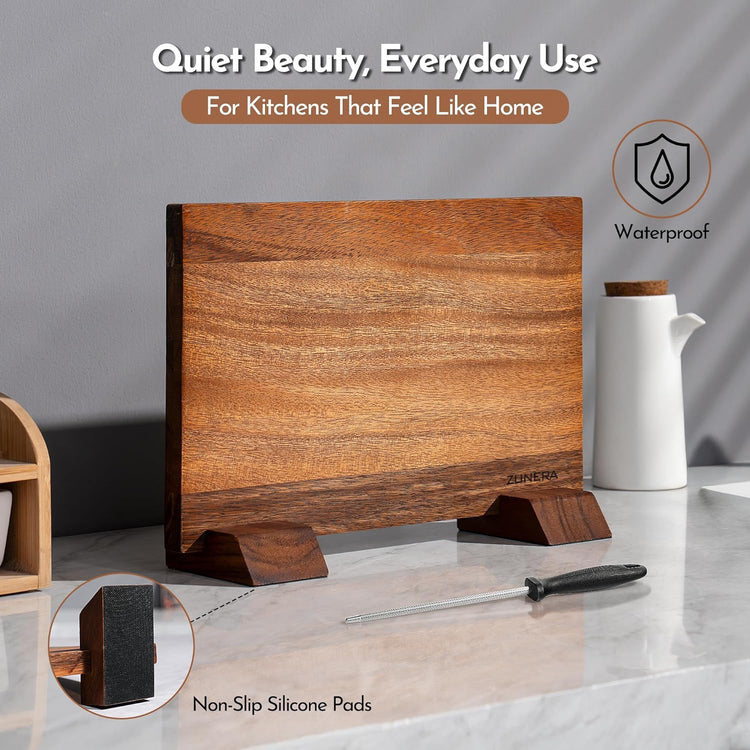 Double-Sided Magnetic Knife Block โ 13.8.5 x 9.1 Inch Walnut Wood Knife Holder with 24 Powerful Magnets, Universal Knife Storage Stand with Non-Slip Base & Sharpening Rod