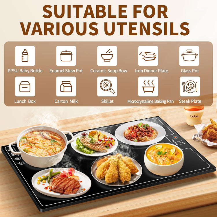 Electric Warming Tray(Large 22"x14"),Food Warmer with Thermostat and Full Surface Heating,Food Warming Mat with 2 Temperature Modes for Parties Buffet,Gatherings,Gold Edge Handles Warming Mat for Food