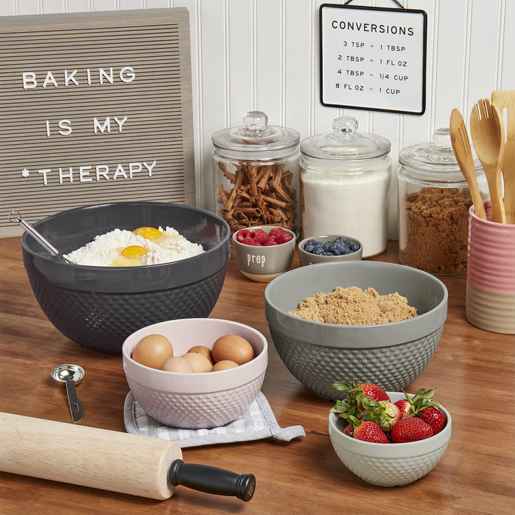 Tabletops Gallery Hobnail Style 4 Piece Timeless Grey Stoneware Nesting Mixing Bowl Set for Baking and Cooking