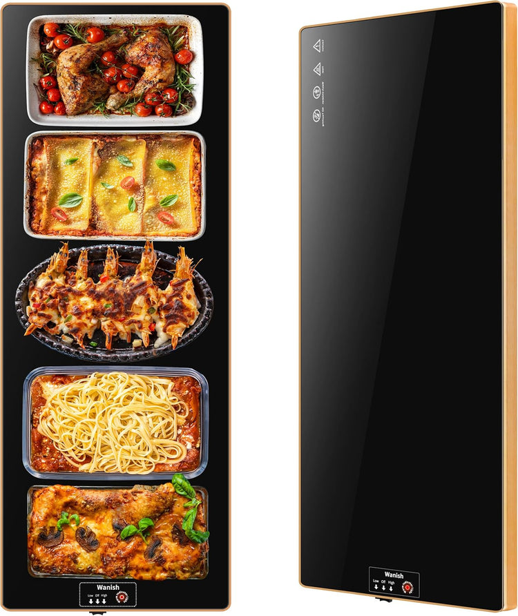 Electric Warming Tray (Extra Long 47”x12”),Food Warmers for Parties Buffet with Thermostat&Full Surface Heating, Tempered Glass Warming Mat for Food, Temperature Adjustable Gold Edges Food Warming Mat