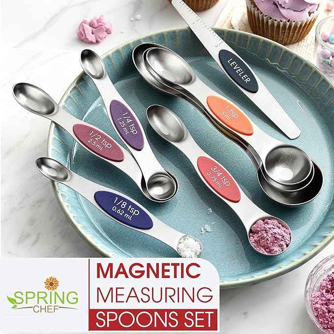 Spring Chef Stainless Steel Magnetic Measuring Spoons Set of 8 with Leveler, Nesting Teaspoon & Tablespoon Measuring Spoons, Kitchen Gadgets for Baking & Cooking, Fits in Spice Jars - Mountain Sunrise