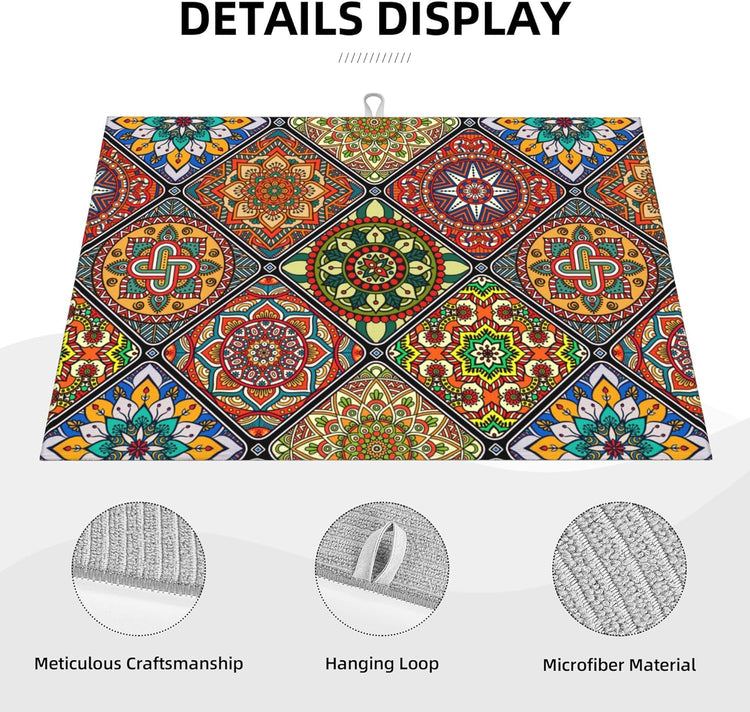 Retro Dish Drying Mat for Kitchen Counter Mandala Colorful Dish Drainer Rack Mats Boho Decor Washable Absorbent Reversible Microfiber Drying Pad Kitchen Accessories 18"x24"