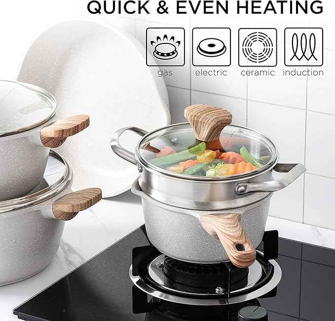 Country Kitchen Non-Stick Cast Aluminum Cookware Set - Durable Kitchen Cookware for Everyday Cooking, Cream, 11 Pc.