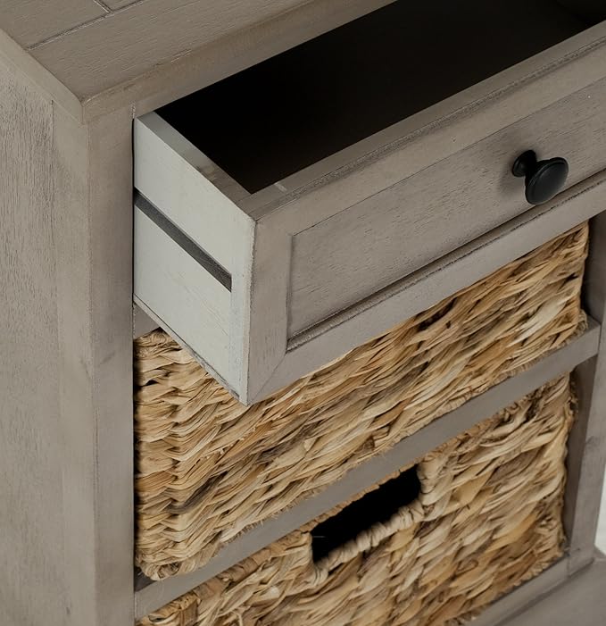 SAFAVIEH Home Collection Carrie Vintage Grey / Natural Wicker 3-Drawer Storage Nightstand Side Table (Fully Assembled)
