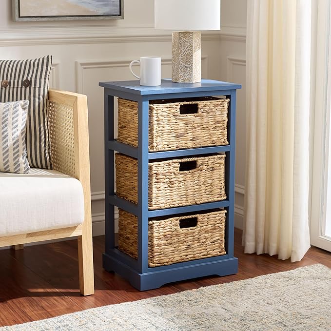 SAFAVIEH Home Collection – Halle Blue 3-Drawer Basket Storage Side Table, Coastal Accent Design, Fully Assembled (AMH5738H)