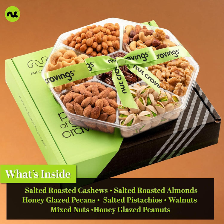 NUT CRAVINGS - Mixed Nuts Gift Basket + Green Ribbon (7 Assortments, 2.2 LB) Food Arrangement, Healthy Snack Care Package, Food Assortments